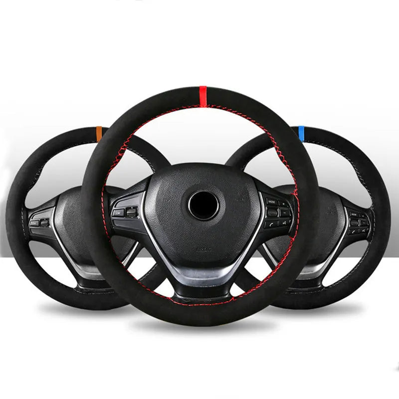 Black wool microfiber steering wheel cover with red accent line on 38cm diameter steering wheel