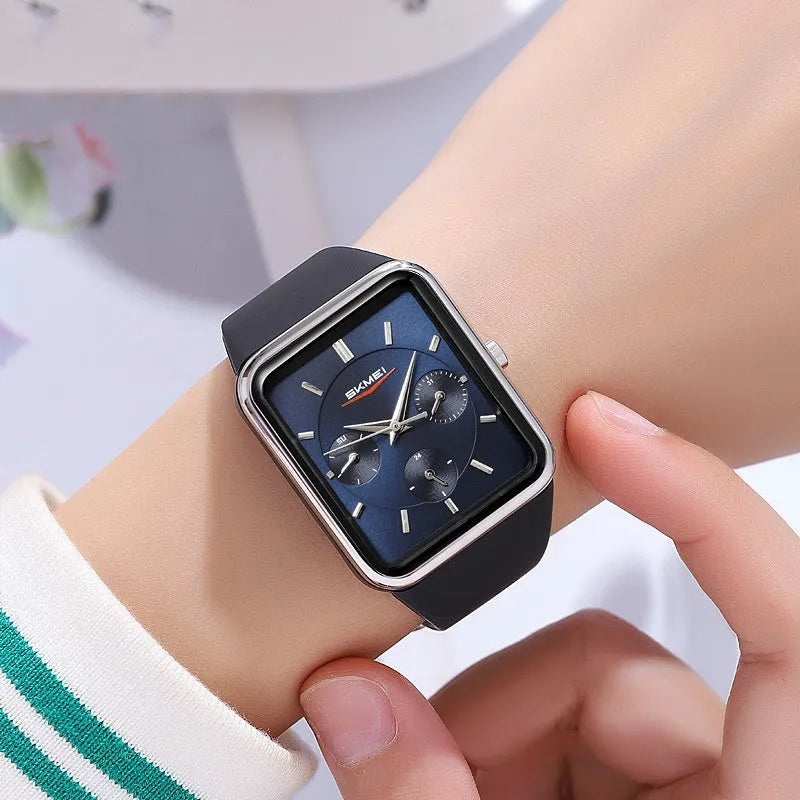 Square silicone waterproof watch for girls in white rose gold colour showing 10.8mm thickness