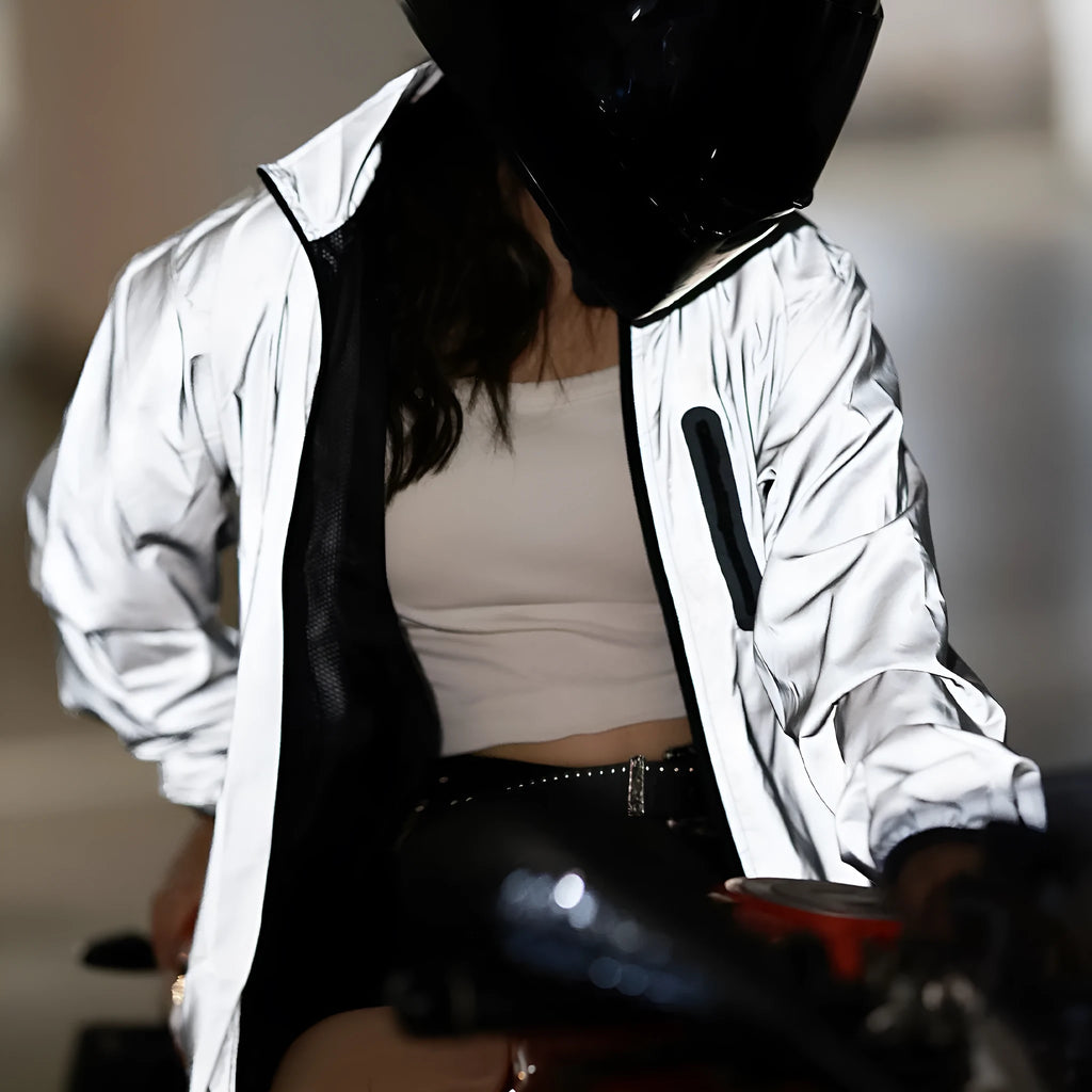 Silver waterproof polyester long sleeve coat showing windproof features and European sizing options