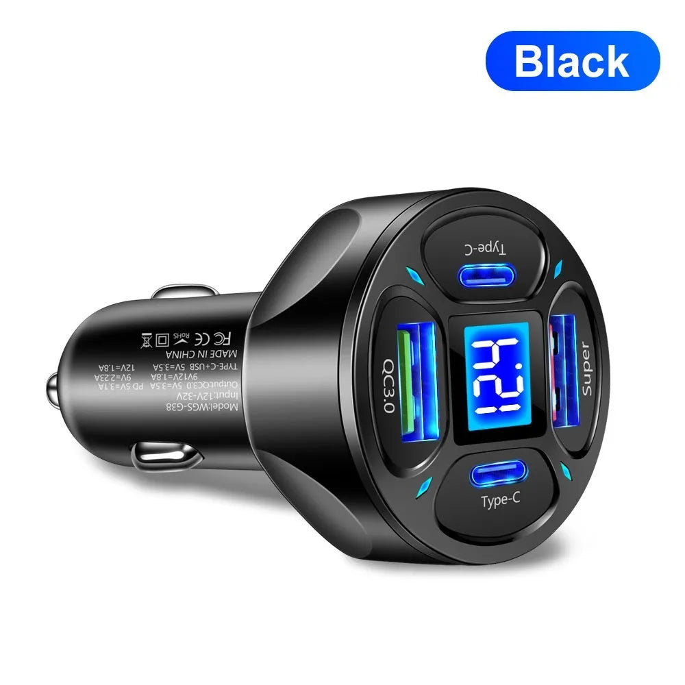 Black digital display car charger with two USB ports and two Type-C ports