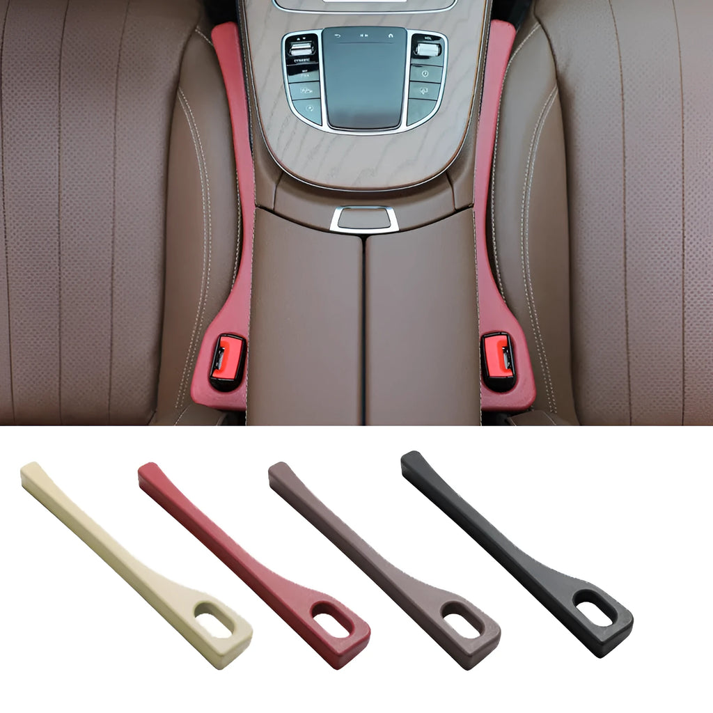 Black polyurethane car seat gap filler strip preventing items falling between vehicle seats