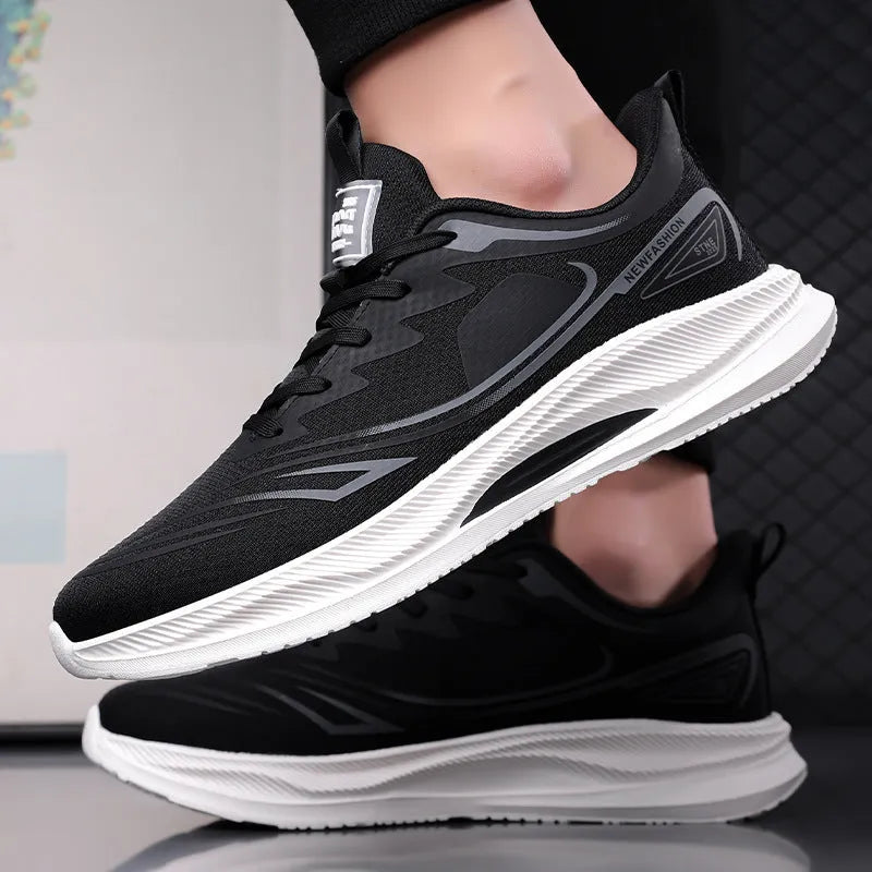 Men's black fly woven mesh casual shoes with round toe and rubber sole on a white background.