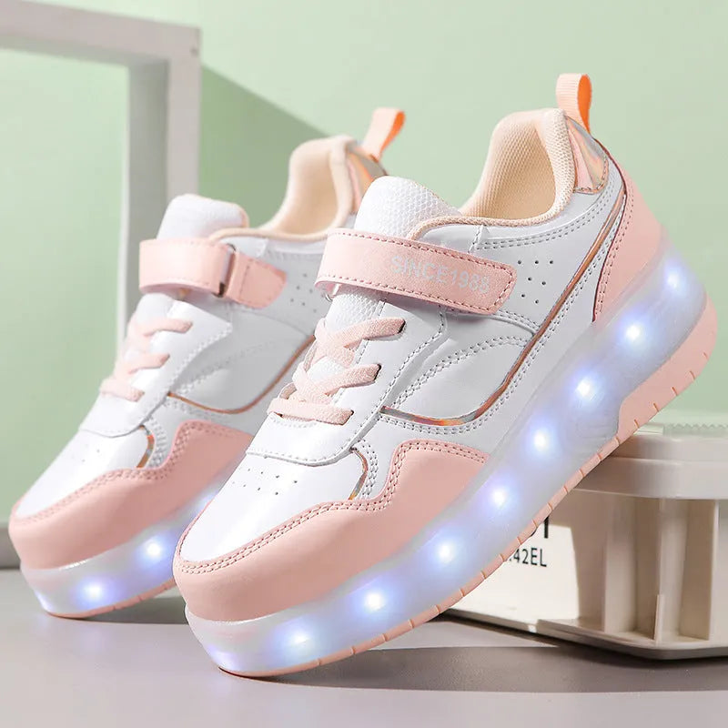 Charging flash rollerskates with LED lights in pink, white, black or purple with two or four wheels