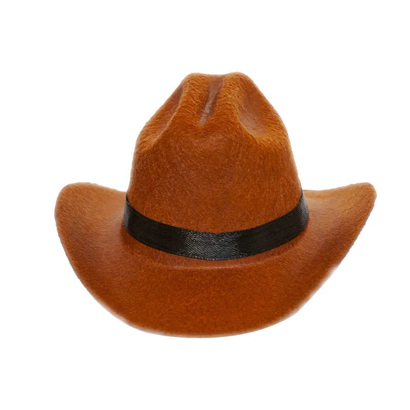 British cowboy style hat for a cat, made from brown non woven fabric with a black ribbon trim.