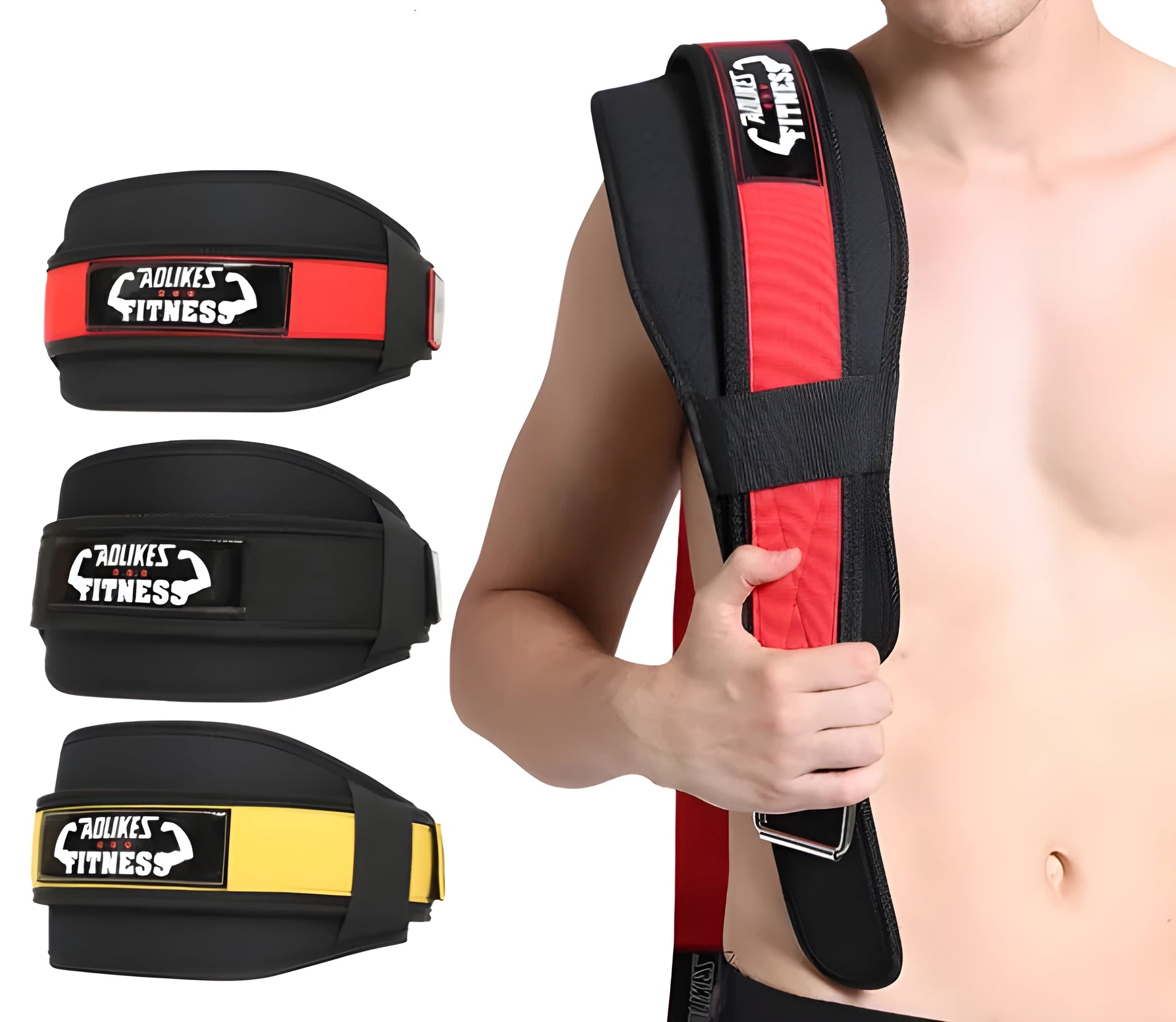 Nylon fitness weightlifting waistband in black, red and yellow colours with adjustable sizing