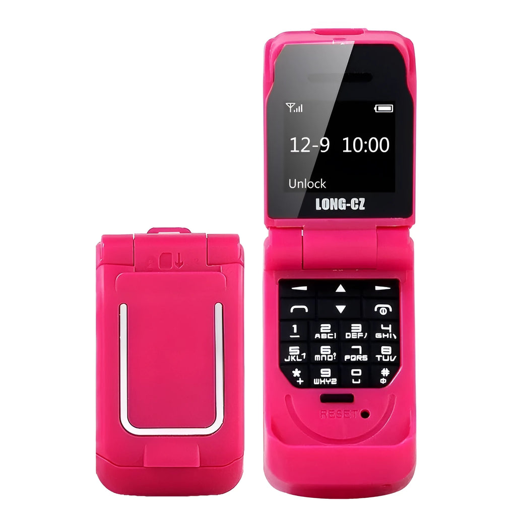 Mini flip phone with closed flip cover showing colour options: white, yellow, black, gold, blue, rose red