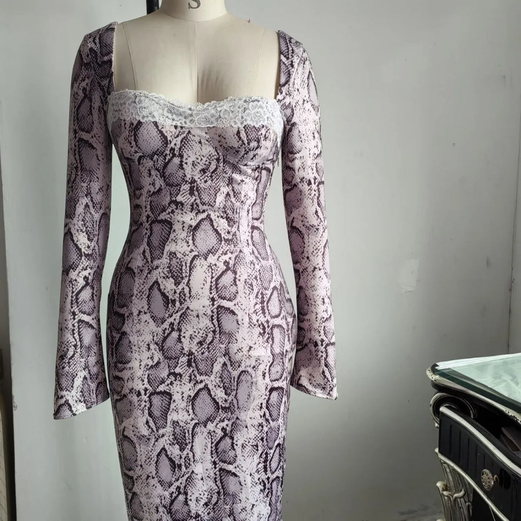 Grey digital printed slim fit dress with 3D pattern, A-line skirt and long sleeves