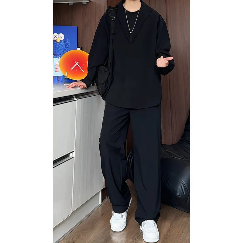 Men's black casual polo shirt and trousers two-piece suit set with slim fit design