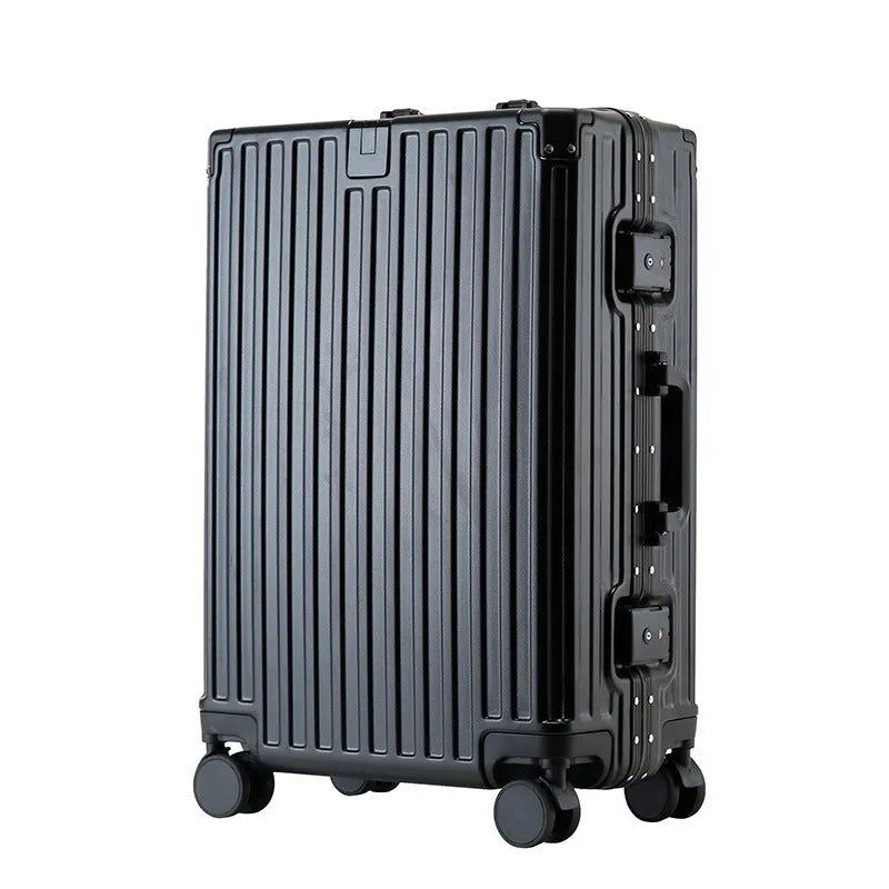 Hard-shell aluminium frame suitcase in avocado green with USB port and universal wheels.