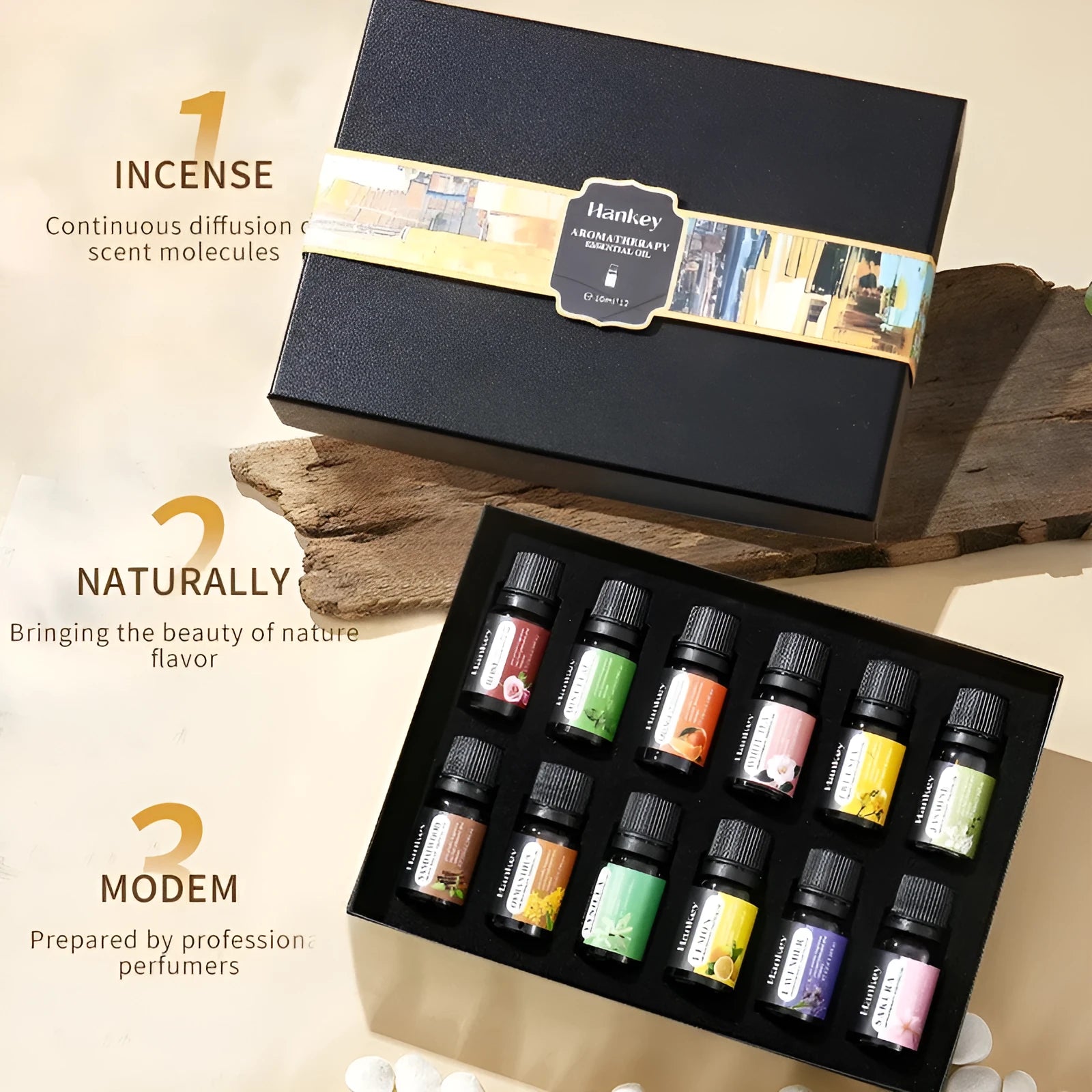 Boxed set of water-soluble aromatherapy essential oils for use in diffusers and humidifiers
