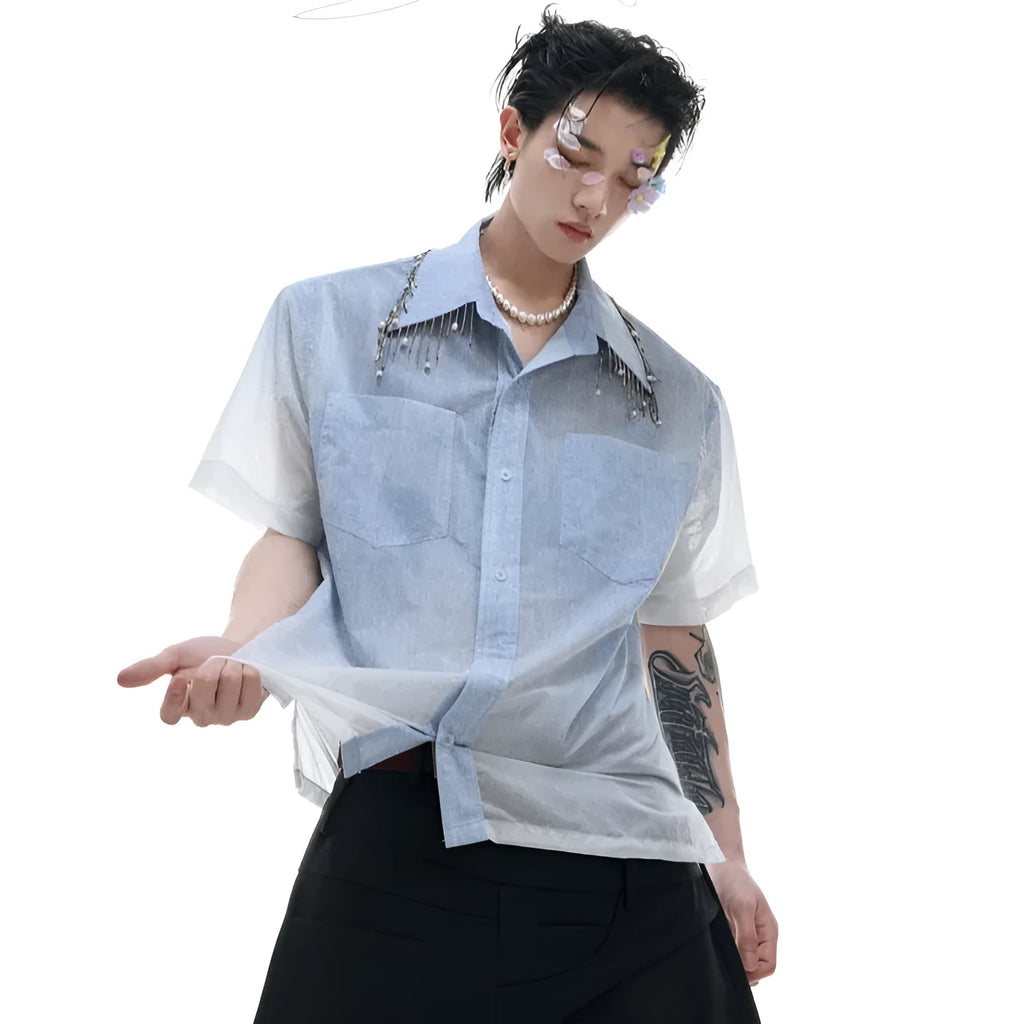 Blue and white gradient men's short sleeve shirt with loose fit design