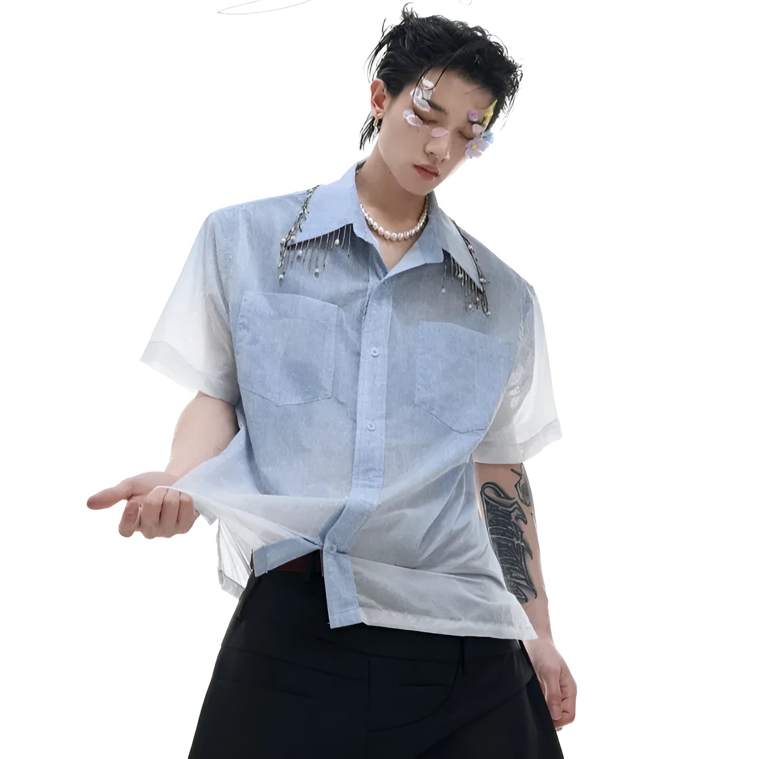 Blue and white gradient men's short sleeve shirt with loose fit design