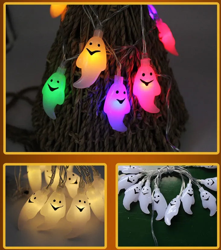 Halloween LED string lights with pumpkin, ghost and bat pendants on 1.2 metre battery-powered cord