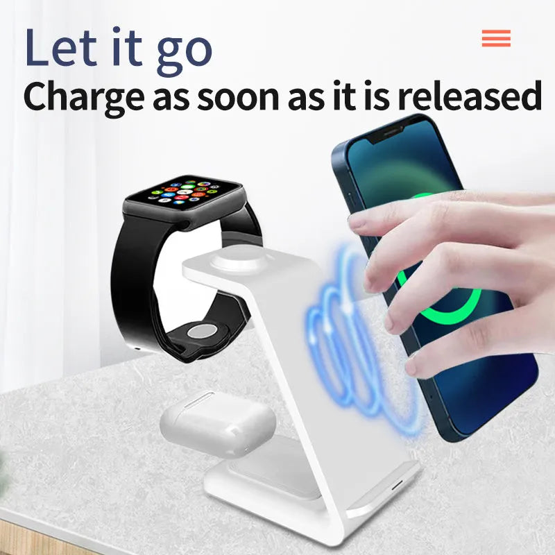 White 3-in-1 upright wireless phone charger stand with Type-C cable on desk