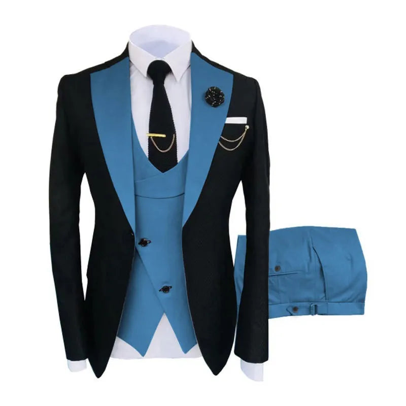 Men's slim fit cotton three-piece suit in light business style for weddings, showing coat, vest, and trousers.