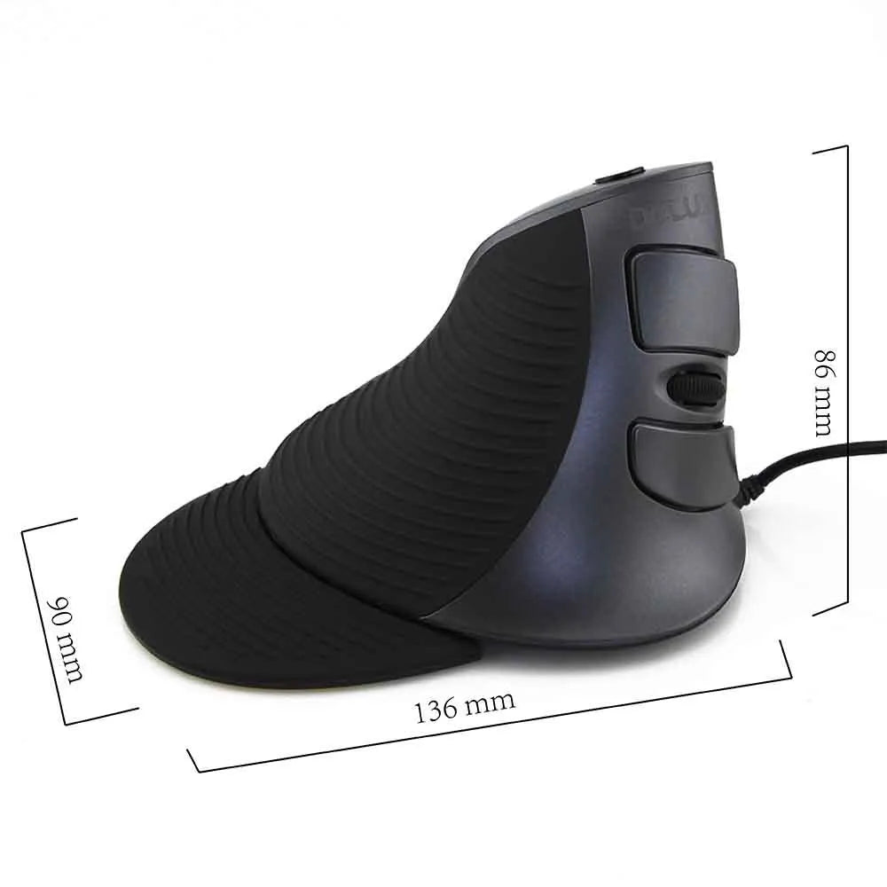 Ergonomic vertical mouse in black and white colours showing handshake grip position