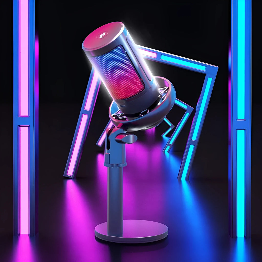 RGB USB condenser microphone with heart-shaped polar pattern and optional anti-spray mesh for streaming