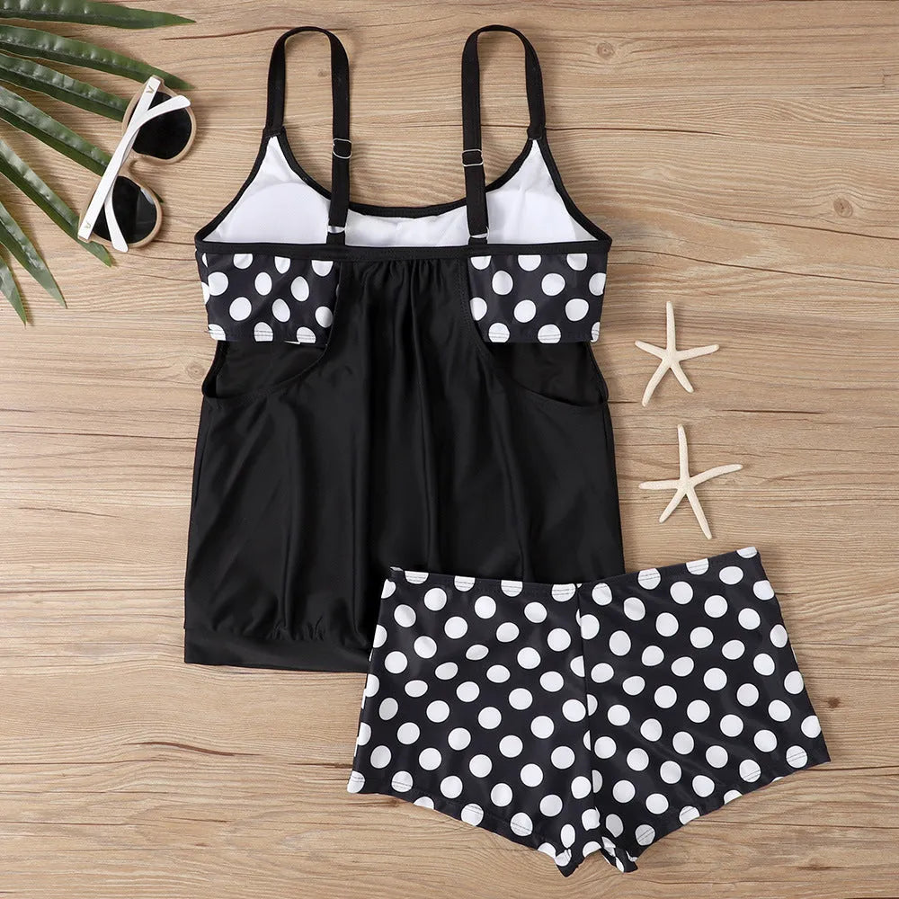 Women's split printed polka dot boxer swimsuit in polyester with high-waist brief styling