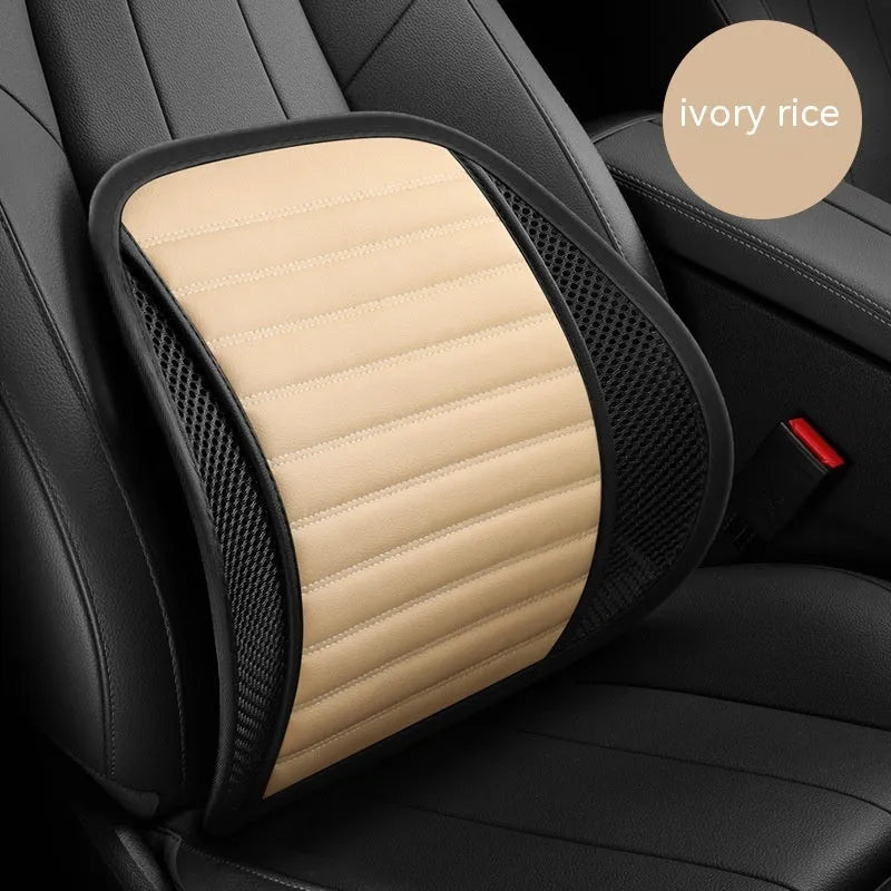 Leather lumbar support cushion on car seat in sapphire blue colour