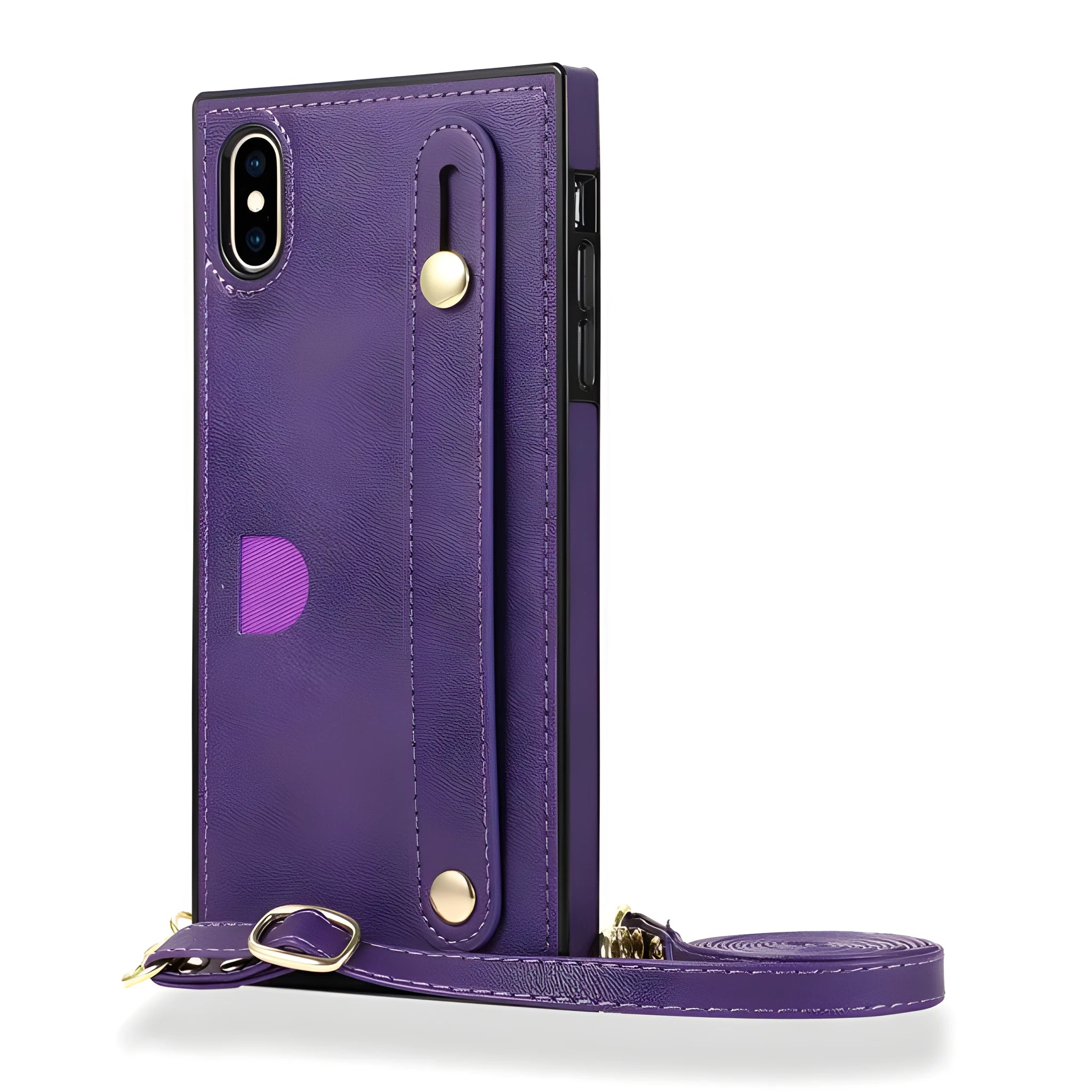 Black leather iPhone case with a card holder slot and a white wristband holster attached.
