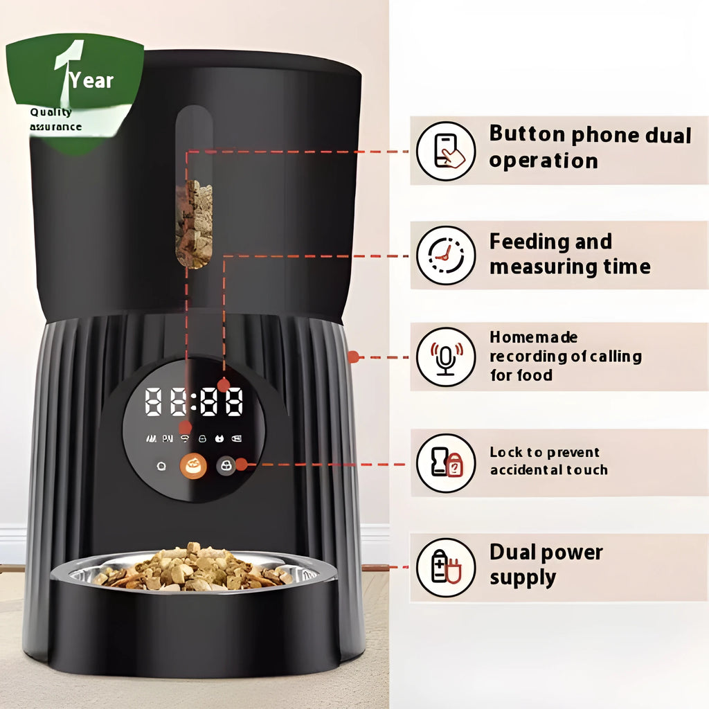Black automatic pet feeder with digital display and food storage compartment