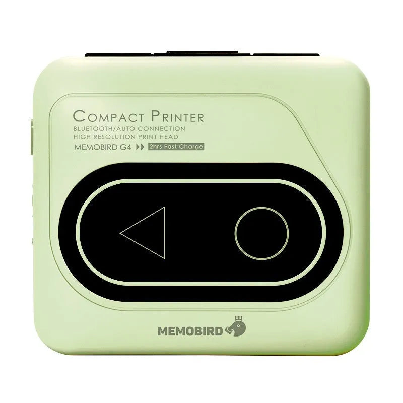 Portable Bluetooth thermal mini printer in avocado green, pink, yellow duck, or white, showing compact size next to a smartphone.