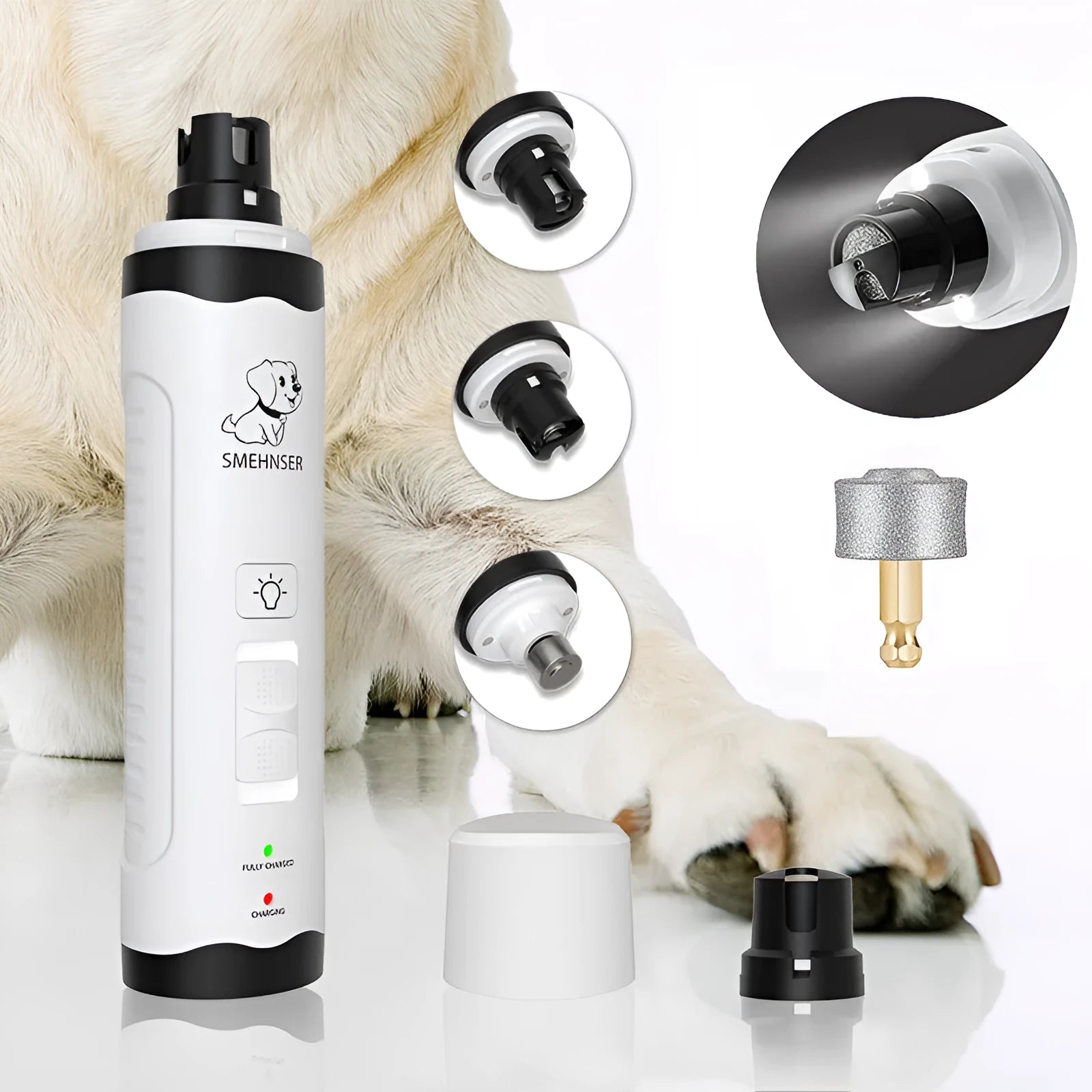Automatic electric nail grinder for dogs showing digital display, LED indicators, and dust collection system