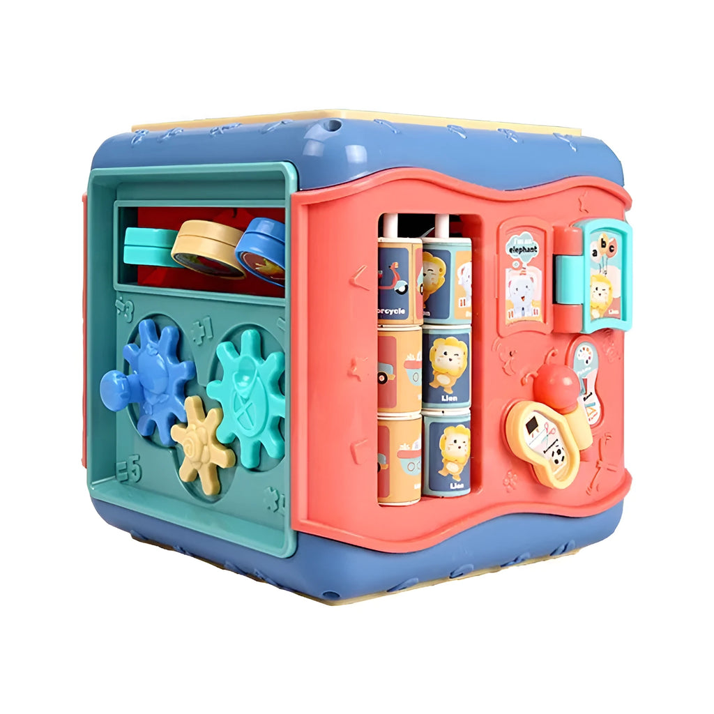 Six-sided baby educational toy cube showing multiple activity faces including bead maze and gear connections