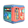 Six-sided baby educational toy cube showing multiple activity faces including bead maze and gear connections