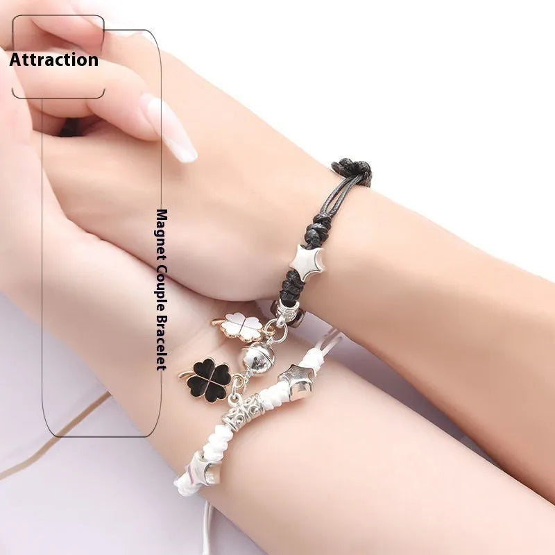Magnet couple bracelets with magnetic clasp in various styles including love lock and clover designs