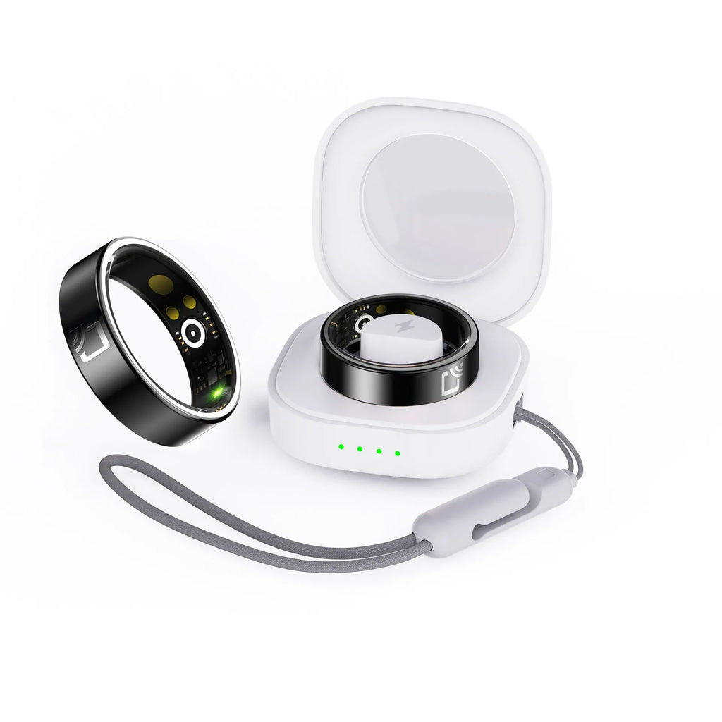 Black ceramic smart ring for health monitoring on a finger, showing charging case.