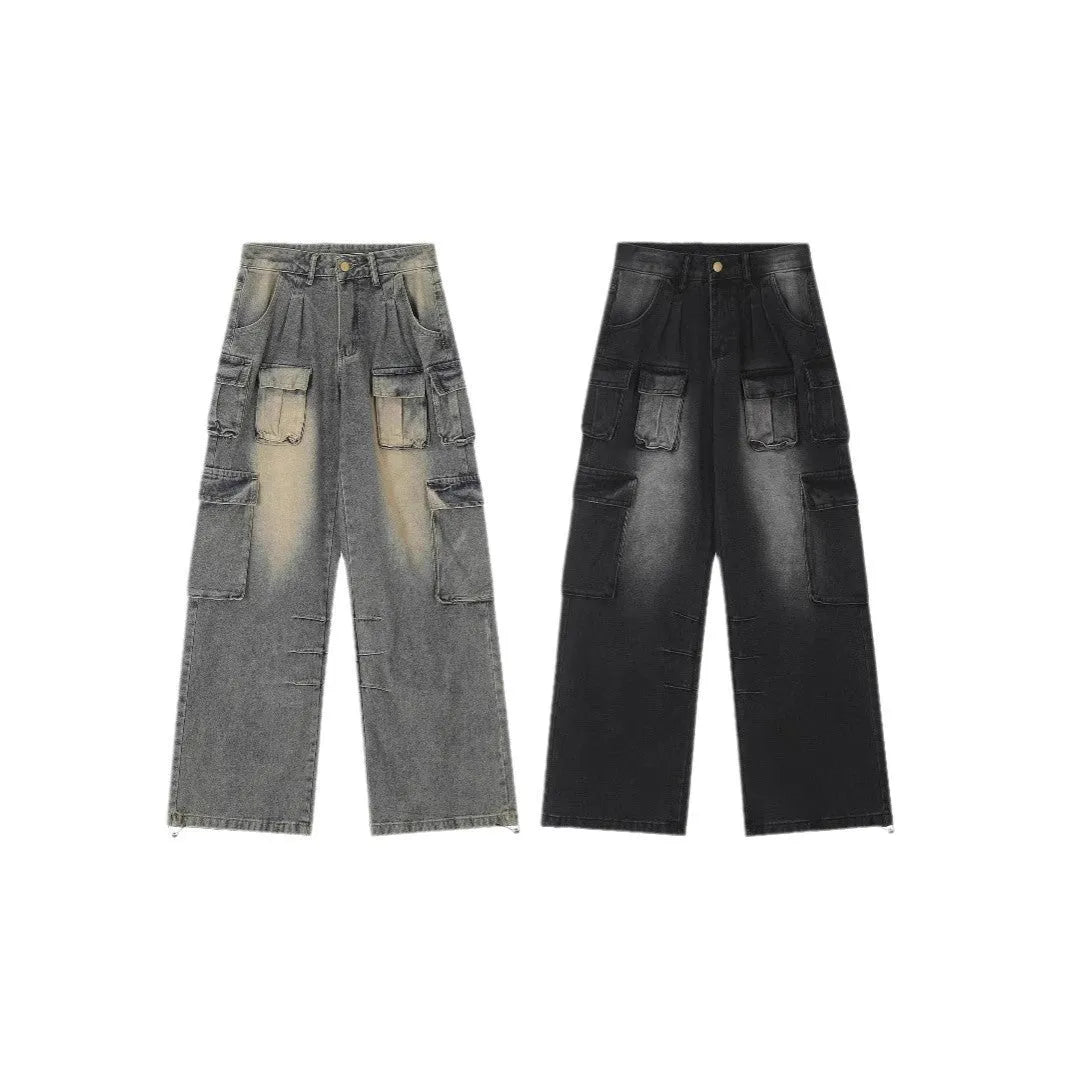 Light blue loose fit multi-pocket distressed jeans with straight leg cut and tooling style design