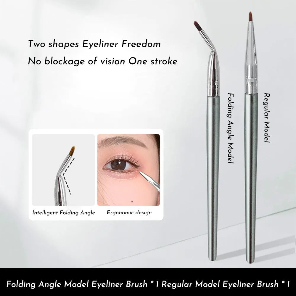 Angled bend head synthetic eyeliner brush for tear trough and under-eye concealer application.