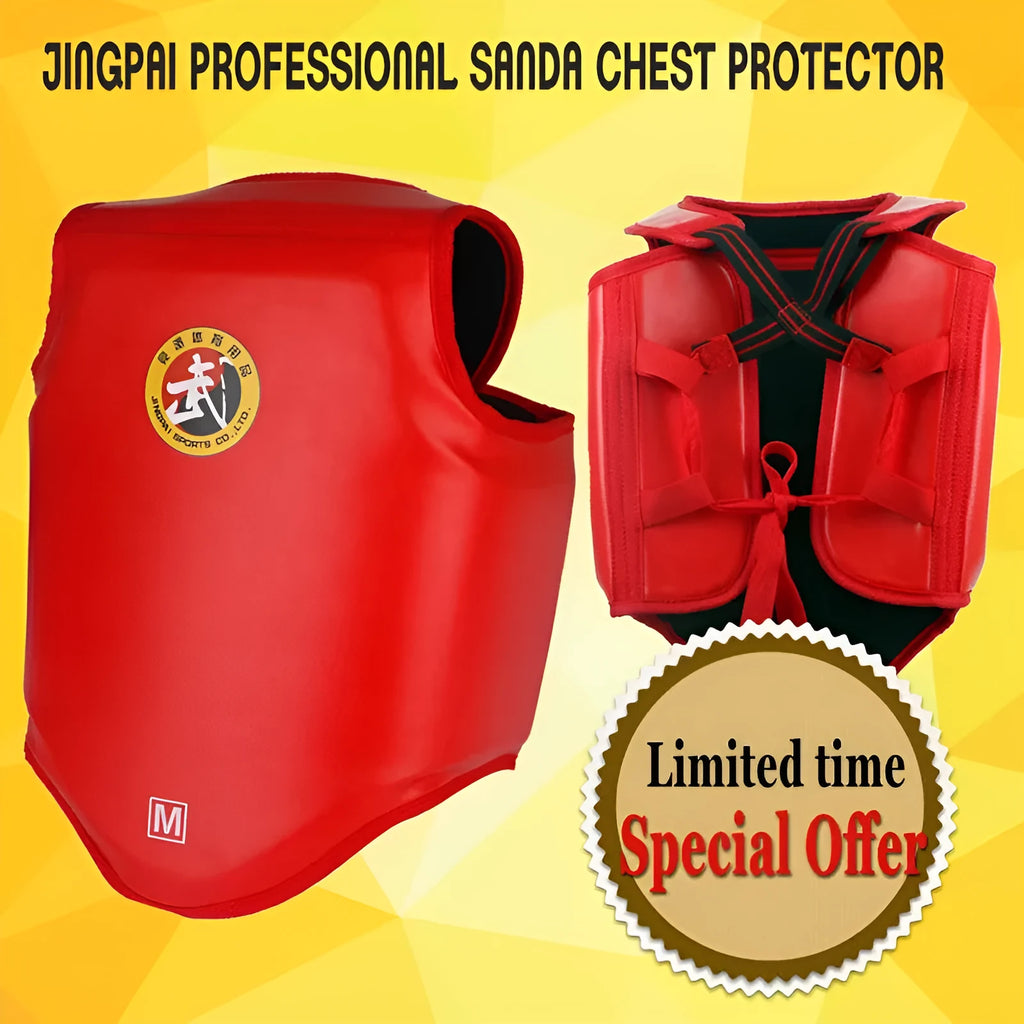 Adult boxing training helmet with integrated chest protector in black, blue or red colours