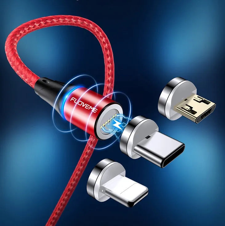 3A fast charge magnetic data cable with LED light indicator in black, red, and silver colour options