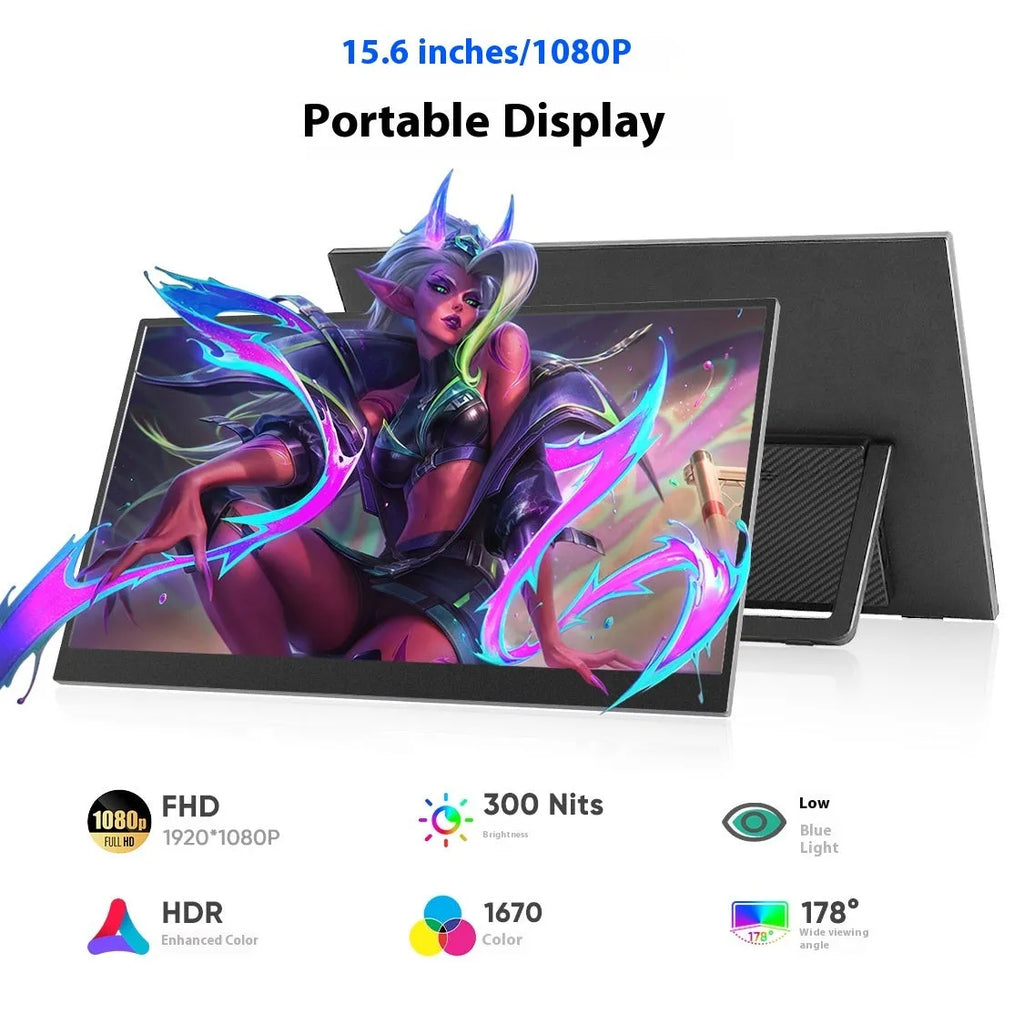 Black 15.6-inch portable LED monitor with adjustable stand on desk