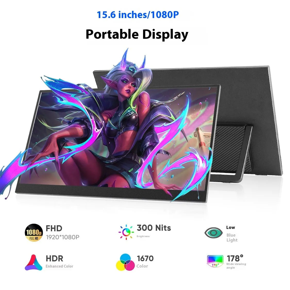 Black 15.6-inch portable LED monitor with adjustable stand on desk