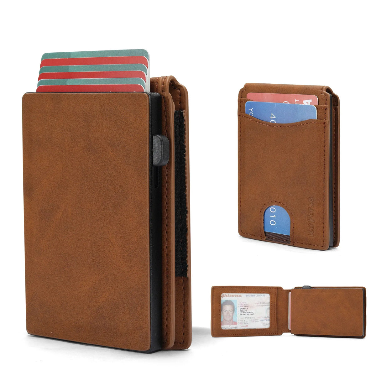 Men's slim card holder in microfiber with synthetic leather lining in black, dark brown, or light brown