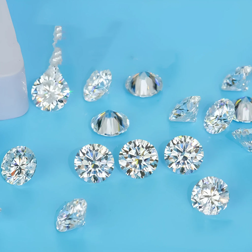 Round brilliant cut moissanite stone with eight hearts and eight arrows faceting pattern