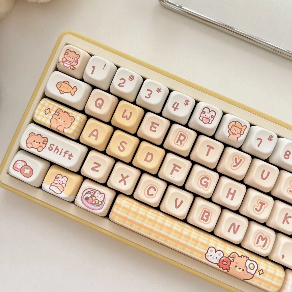 EOA height PBT keycap set with rabbit bear restaurant design, 140 pieces for mechanical keyboard customisation
