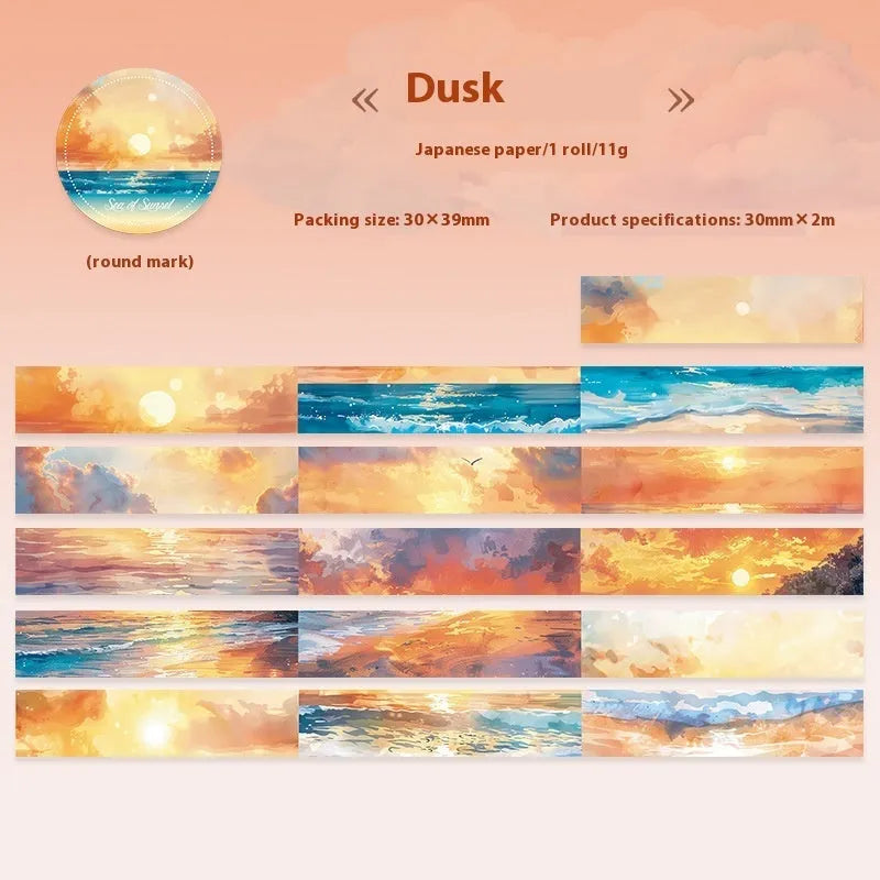 Roll of Japanese paper decorative washi tape in sky-themed colours, 30mm wide.