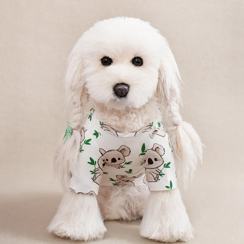 Full printed polyester t-shirt for small dogs in various colours, showing size chart for S, M, L, XL, XXL.
