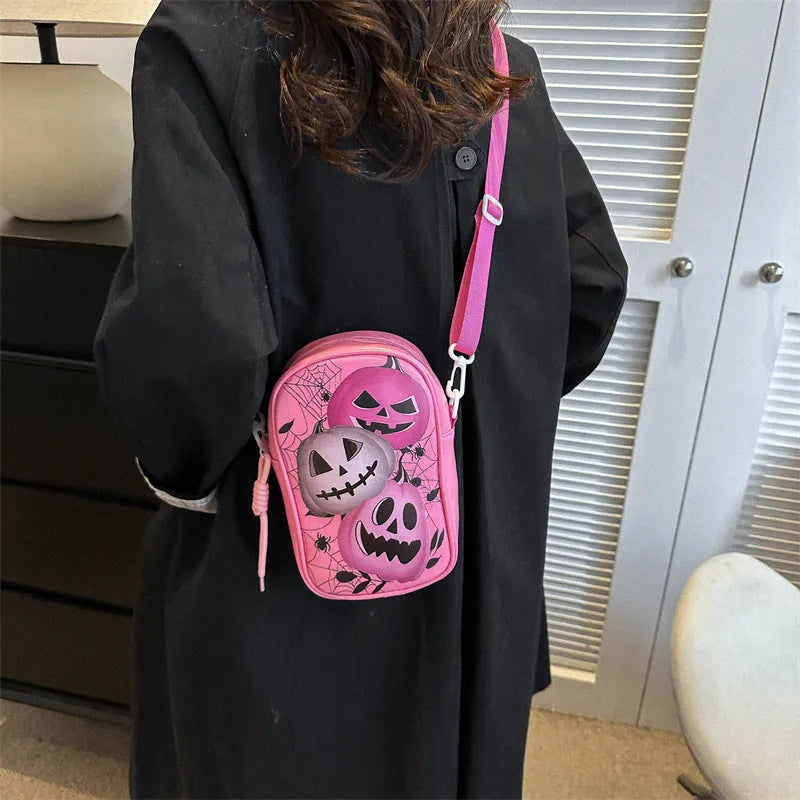 Halloween graffiti print mini crossbody bag with pumpkin ghost bat cartoon design in multiple colours
