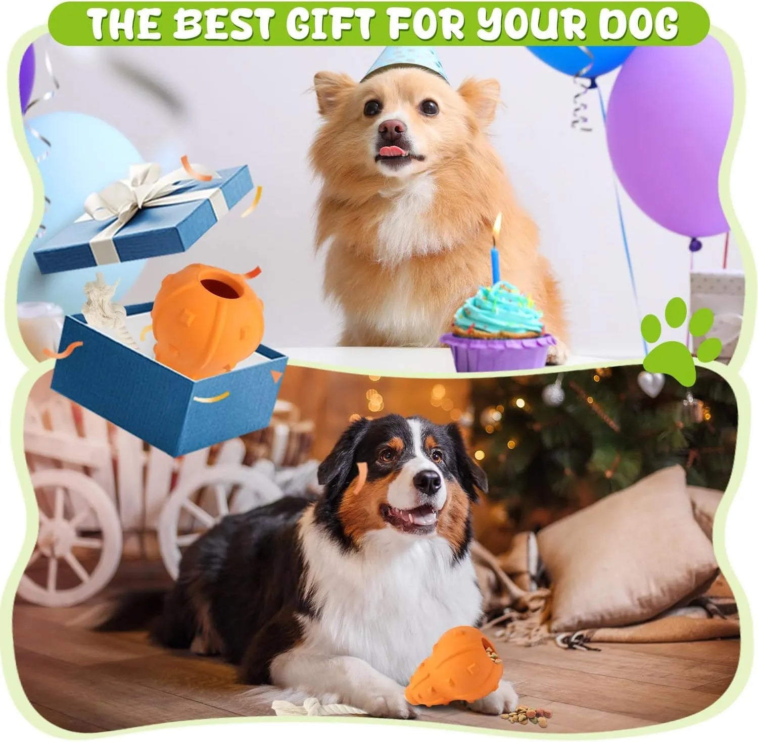 Natural rubber stuffable dog toy with treat hole and strap for small medium breed dogs.