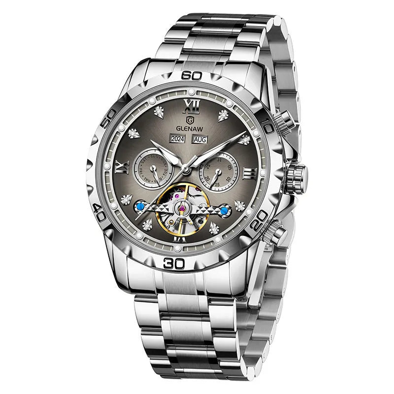 Men's automatic mechanical watch with stainless steel strap and mineral glass face in multiple colour options