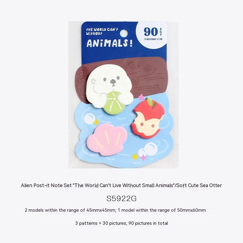 Animal-shaped sticky note set with 90 pages showing six different animal-themed designs