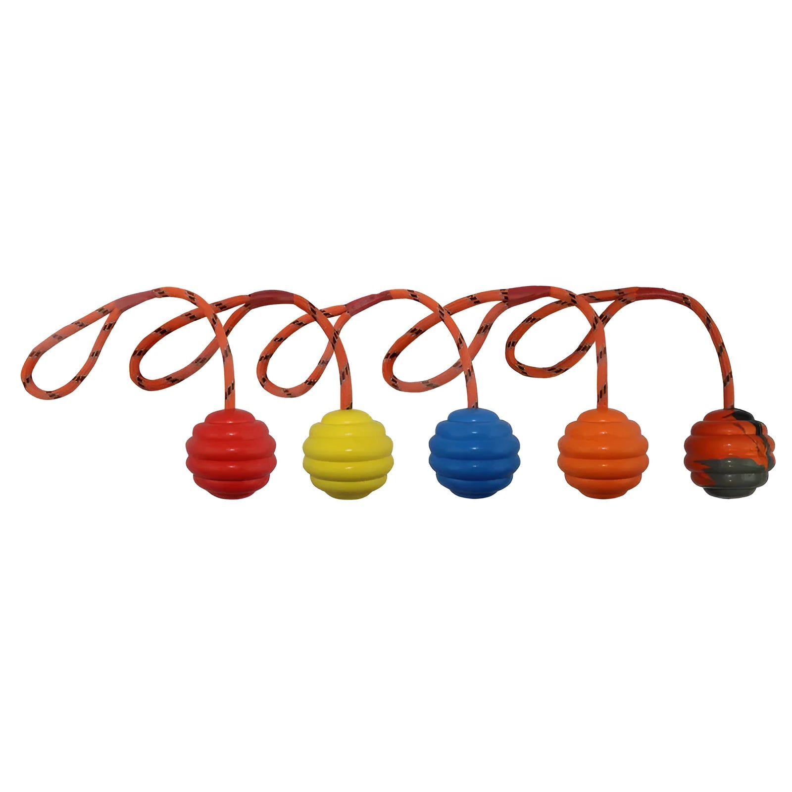 Multi-colour rubber dog toy ball with rope knot design measuring 6x30cm