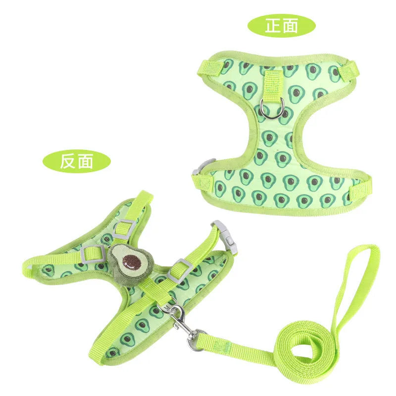 Reversible reflective vest-style dog harness with attached leash for a small dog, shown in avocado colour.