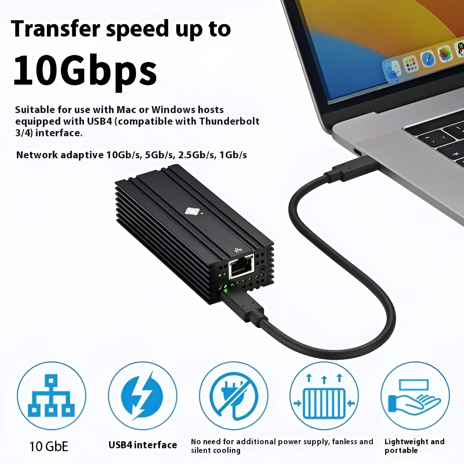 Black USB4 to 10 Gigabit Ethernet network adapter with USB-C cable, compact rectangular design