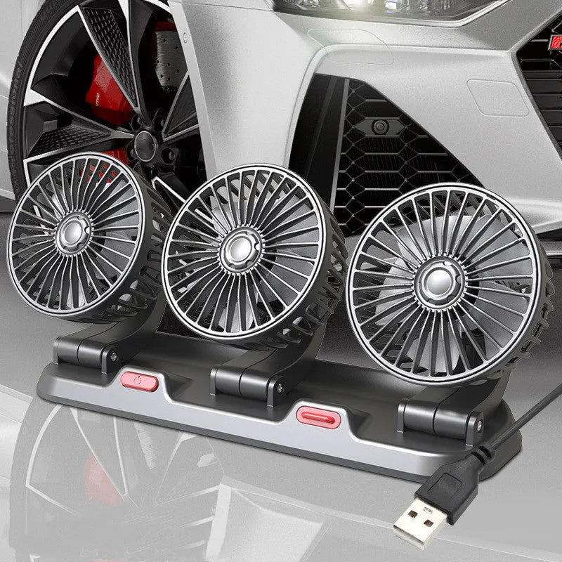 12V automotive three-head cooling fan with ABS motor and long cable for car, van, or truck use.